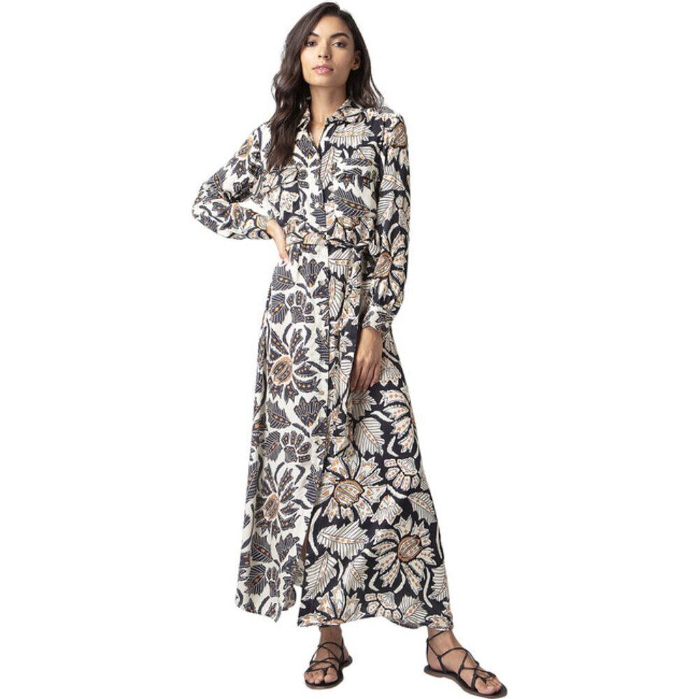 OMIKA Floral Print Collared Maxi Dress in Black and Cream